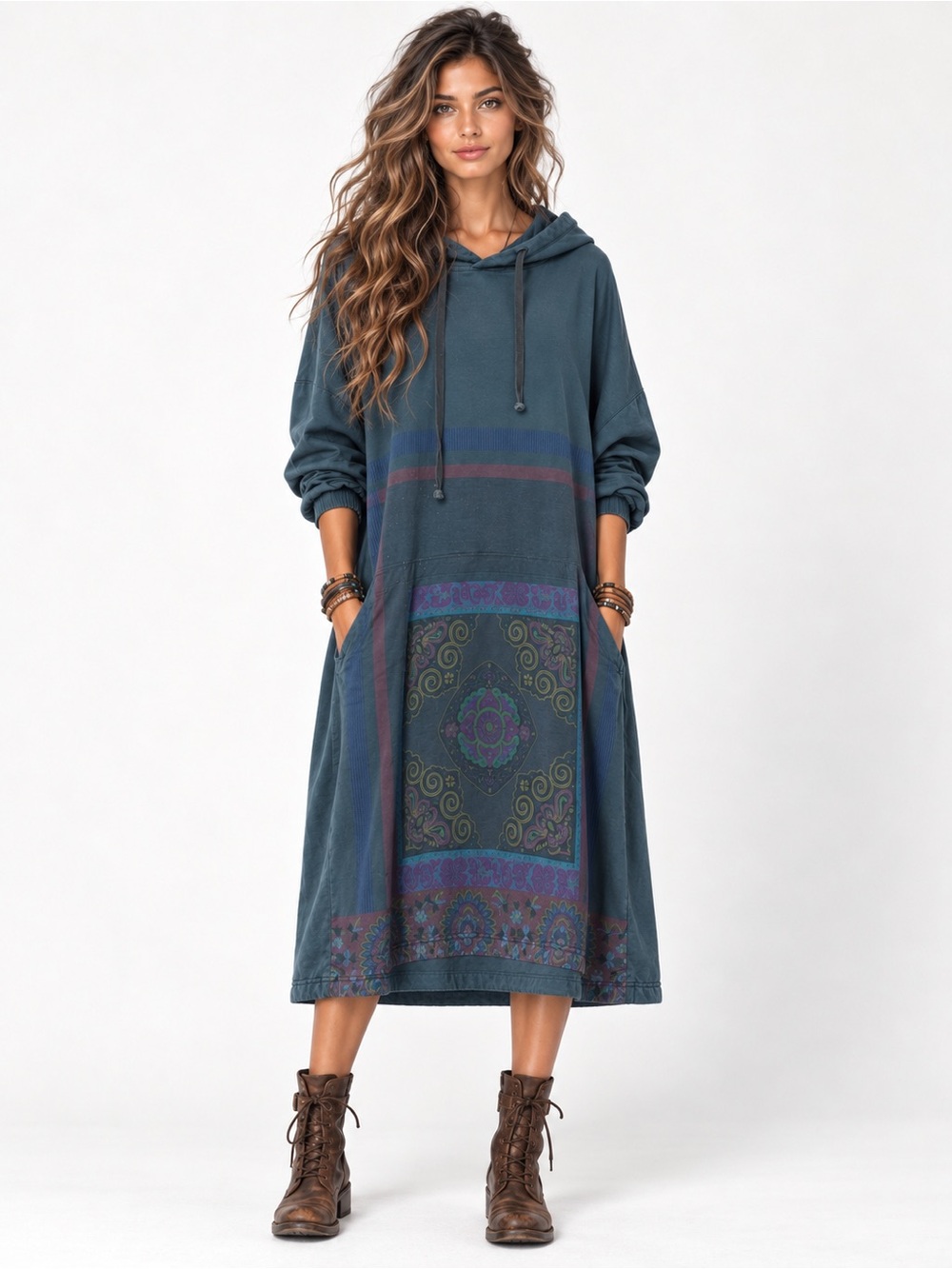 Unbranded – Oversized Hooded Sweatshirt Dress – Boho Print Dark Gray – OS